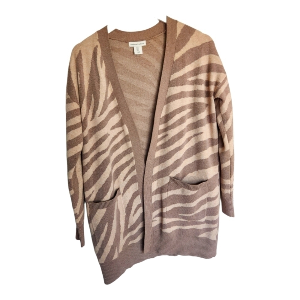 Cupcakes and Cashmere Long Zebra Print Cardigan Soft Long Sleeve Taupe Size S